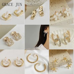 GRACE JUN Corea estilo geométrico corazón mariposa Clip en pendientes sin perforaciones pendientes de aro para mujer Color dorado brazalete pendientes 2021