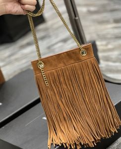 Bolso pequeño Grace con cadena en cuero y ante Diseñador Correa de cadena de lujo Cuerpo cruzado Hombro doble Bolso con cierre magnético Adorno con borla de meta