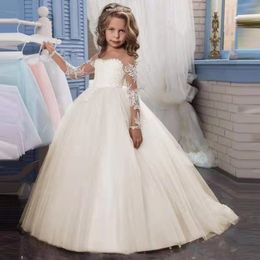 Robe de bal gracieuse en dentelle, robes de demoiselle d'honneur pour mariage, manches longues, robes de concours pour tout-petits, traîne de balayage, col en bijou transparent, fleurs appliquées 3D, robe de première communion