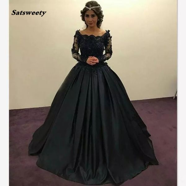 Gracieuses robes de soirée princesse noire manches longues pure dentelle perlée appliques scoop froncé robe de bal robes de soirée robe de bal formelle