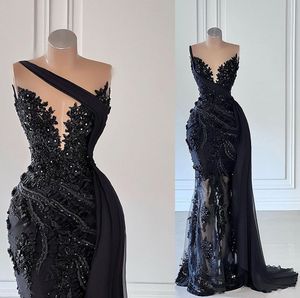 Graceful Black Prom -jurken Lace Appliques 3D Flowers Party Jurken Sheer Neck Illusion met trein op maat gemaakte avondjurk