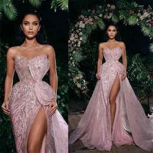 Sierlijke avondjurken strapless pailletten hoge split prom -jurken afneembare trein mouwloze feestjurk op maat gemaakte vestidos de noche