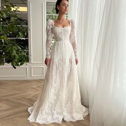 Sierlijke Full Lace Trouwjurken Vierkante Hals Bruidsjurken Lange Mouw Met Lint Robe De Mariee 326 326