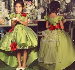 Sierlijke groene satijn hoge lage bloem meisje jurken 2017 korte mouwen kinderen meisjes feestjurken vestidos de daminha ref bloem baljurk