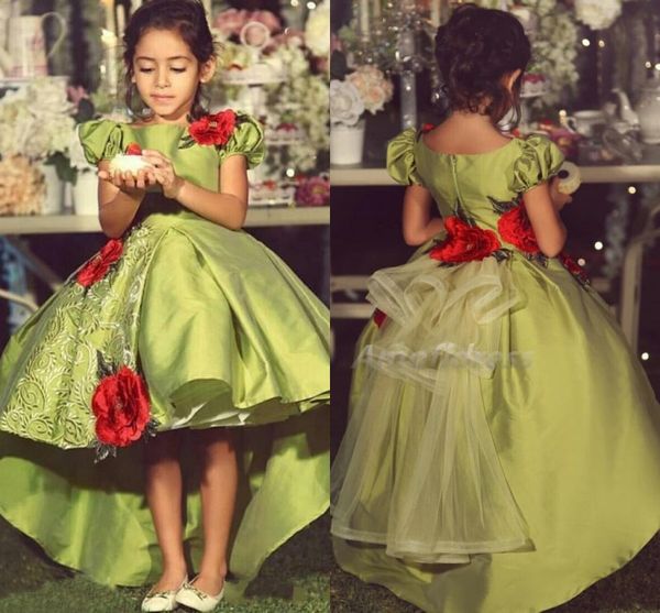 Graceful Green Satin High Low Vestidos de niña de flores 2017 Mangas cortas Vestidos de fiesta para niñas Vestidos De Daminha Ref Vestido de fiesta de flores