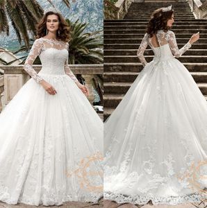 Vestidos de novia elegantes de encaje, línea A, mangas largas transparentes, apliques de tul, vestidos de boda nupciales con corsé en la espalda, batas de mariee