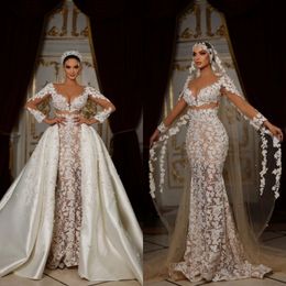 Sierlijke kant zeemeermin trouwjurk parels applique strapless bruidsjurken met overrokken bruid jurken op maat gemaakt vestido de novia