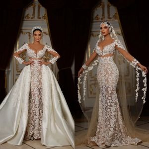 Sierlijke kant zeemeermin trouwjurk parels applique strapless bruidsjurken met overskirts bruid jurken op maat gemaakte vestido de novia