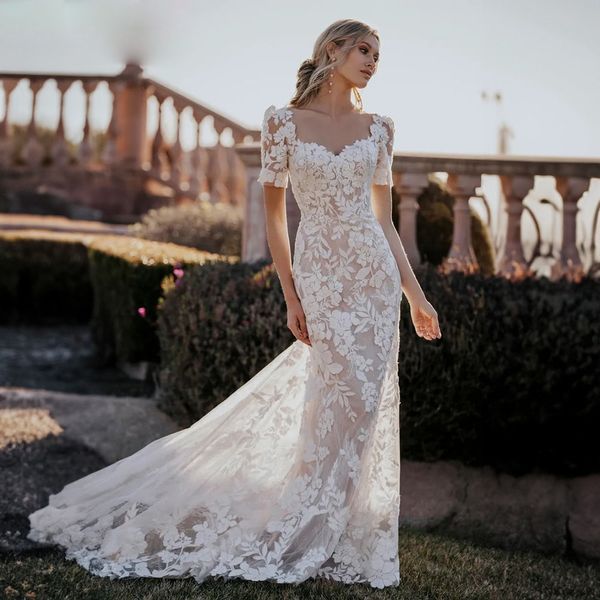 Vestidos de novia de sirena de encaje elegante, escote corazón, manga corta, apliques florales, vestido de novia, tren de barrido, boda Civil