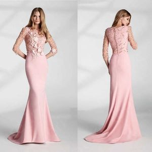 Graceful Mermaid Prom Dresses lange mouw Sheath Lace Flowers Design Sweep trein kralen applique 3d Lace beroemde avondjurken plus maat op maat gemaakte L24700