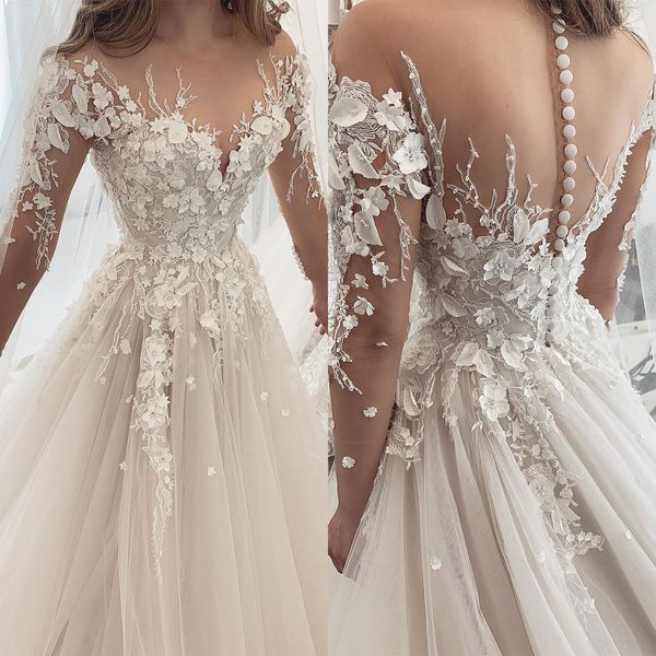 Elegantes vestidos de novia Apliques 3D-Floral Vestidos nupciales Sequins de manga larga Hecho a medida a un tren de barrido de línea Vestidos de Novia