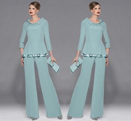 Gracieux vert menthe en mousseline de soie mères pantalon costume robes de mère bijou décolleté à manches longues avec perles et paillettes deux pièces pour les robes d'invité de fête de mariage