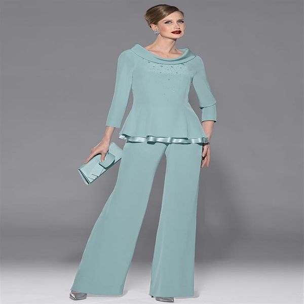 Gracieux vert menthe en mousseline de soie mères pantalon costume bijou décolleté à manches longues avec perles et paillettes deux pièces pour la fête de mariage Gues246p