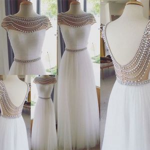 Perles gracieuses perlées robes de bal blanches 2017 dos nu Tulle une ligne robes de soirée longueur de plancher robes de soirée formelles sur mesure