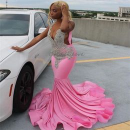 Gracieuse robe de bal en cristal strass rose élégante filles noires robes de soirée sirène sud-africaine de luxe col en V sans manches fête formelle anniversaire dix-huit vêtements