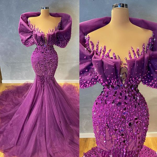 Robe de soirée sirène violette gracieuse, col en V, perles, robe de bal élégante en dentelle et perles, robes de soirée formelles en Tulle