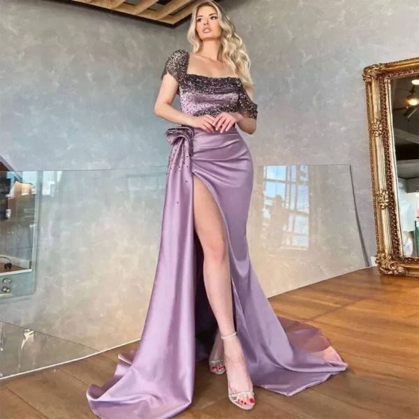 Robes de bal violet gracieuses High Side Split Satin Party Robes Poule Plaiding Plefing Robes de soirée sur mesure plus taille et taille