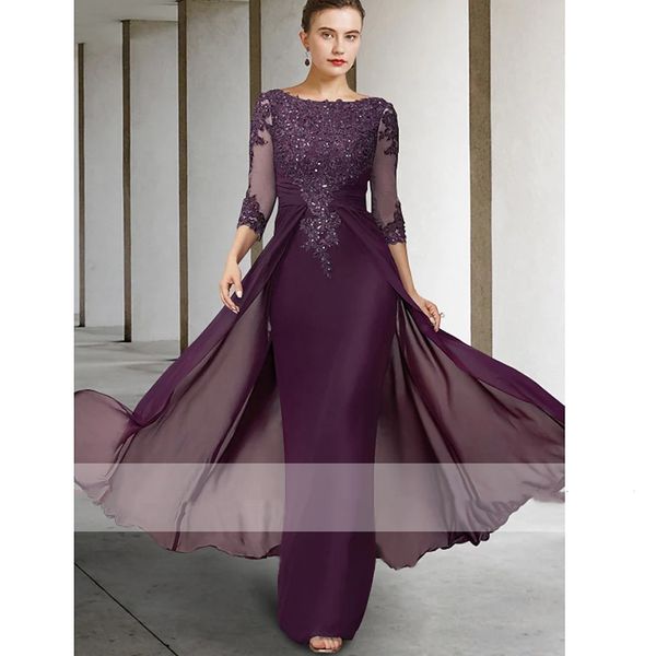 Gracieuse gaine violette longues robes de soirée pour les femmes bijou cou dentelle Appliqued perles 3/4 manches longues mère invité occasion formelle porter 2022 robe de soirée de bal