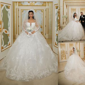 Robe de mariée de bijou de cou de cou de gracieux paillettes à manches complètes Appliques de mariée