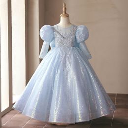 Robes de fille de fleur de dentelle brillante gracieuse pour le ciel de mariage bleu blinking une ligne manches longues pour tout-petit concours de fête de fête