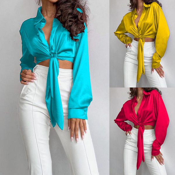 Graceful Sofistication Top corto de manga larga con solapa a la moda para mujer, color sólido, rojo, amarillo, azul lago, ideal para el trabajo y eventos informales