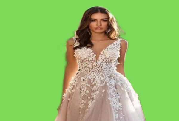 Elegantes vestidos de novia de playa con cuello en V sin espalda vestidos de novia de encaje con apliques florales en 3D vestido de novia de tul talla grande 4695705