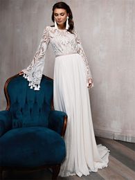 Robe de mariée blanche gracieuse dentelle Appliques manches longues O cou robes de mariée à lacets étage longueur Robe de mariée
