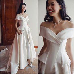 Sierlijke vrouwen jumpsuits jurken avondkleding met overskirt zakken 2021 lange satijnen formele avondjurken prom feest mariage receptie jurk