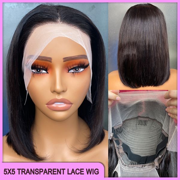 Grado 10A 12A Brasileño Peruano 12 pulgadas Color negro natural 100% Virgen sin procesar Remy Cabello humano Sedoso Recto 13x4 Peluca de encaje transparente Bob