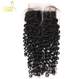 Grade 7A Fermeture de cheveux humains vierges indiennes non transformées Partie libre Partie médiane Kinky Curly Lace Top Closure Indian Curly Hair Closures Bundles