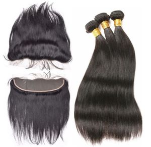 Grade 7a 100 cheveux humains 3 bundles avec une fermeture frontale couleur naturelle cheveux raides tissage 134 frontaux dhl gratuit