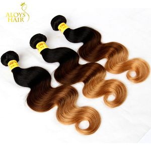 3 Tone Ombre Maleisische Maagd Menselijke Hair Extensions Body Wave Three Tone 1b / 4/7 # Zwart Bruin Blonde Ombre Maleisische Haar Weave Bundels