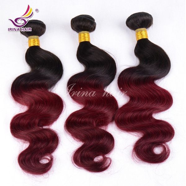 Irina Ombre 100% Extensions de cheveux humains 1B / Bourgogne Deux tons Couleur 12-26 pouces 3Pcs / lot Livraison gratuite Malaisienne Vierge Cheveux Vague de corps