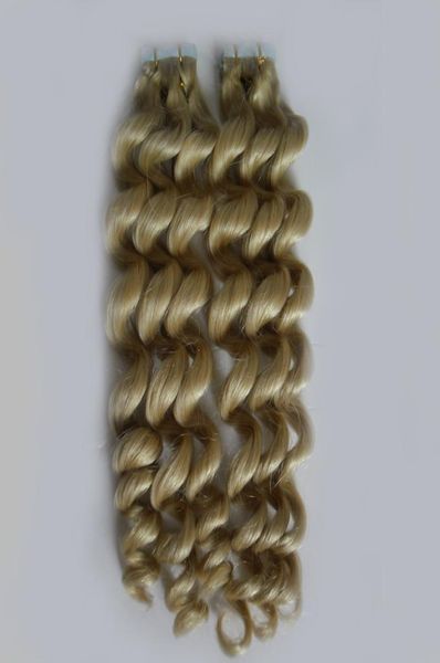 Extensiones de cinta sin procesar de grado 7a 100 g 40 piezas Extensiones de cabello con cinta de trama de piel de cabello rizado suelto brasileño virgen Bleach Blonde mrs7609689