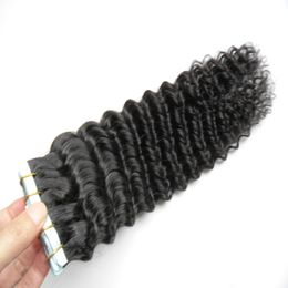 Grade 7A Onverwerkte Virgin Braziliaanse Diepe Wave Tape Hair Extensions Natural Black PU Skin Inslagband in Menselijk Hair Extensions 40pcs / lot