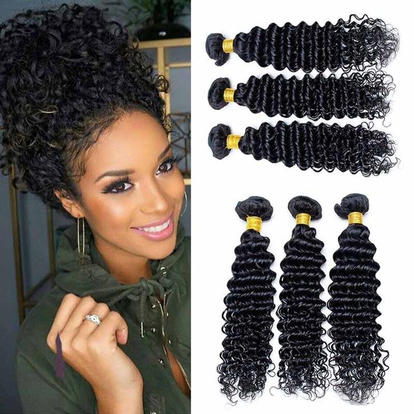 Tissage de cheveux naturels brésiliens Deep Wave, 100% Extensions de cheveux humains non transformés, cheveux vierges brésiliens, prix de gros, lots de 3