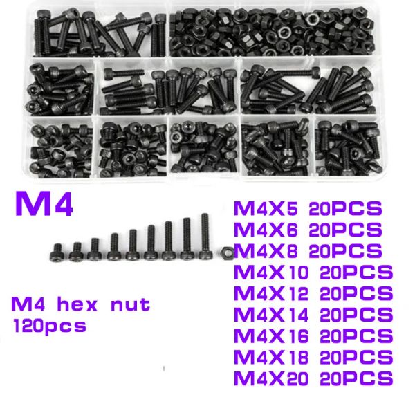 Grado12.9 DIN912 M2 M2.5 M3 M4 M5 M6 Allen Bolt Hex Tornillo de tapa de la tapa de la tapa y el kit de surtido de tuerca