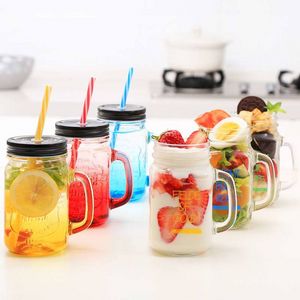 GRADIENT BLAUW BRIEF GLASS CUP Mason Jar Mok met Lidstraw Creative Ice Cream Fruit koud drinkglas smoothie koffiekopje cadeau sxjun6