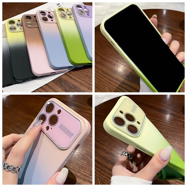 Étuis de protection d'objectif d'appareil photo dégradé pour iPhone 15 Plus 14 Pro MAX 13 12 11 double couleur grande fenêtre souple liquide TPU grandes fenêtres antichoc couverture arrière de téléphone à trou fin