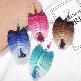 Gradiëntkleur Katoenen Draad Weven Macrame Oorbellen Vrouwen Kralen Handgeweven Kwastje Dangle Oorbellen Bohemen Sieraden Drop 270T