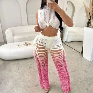 GRADIENT KLEUR GEKOCHT TWEEVER SET VOOR DRAAG Summer Beach Crop Top en Wide Leg broek Tassel Hollow Out Hole Vacation Outfits 240510