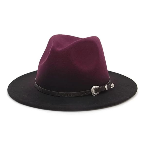 Chapeau Fedora de couleur dégradée pour femmes et hommes, chapeau en feutre à large bord avec boucle de ceinture, chapeau d'église décontracté de fête noir