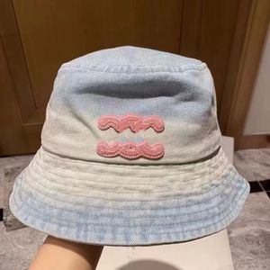 Chapéu de pescador de cor gradiente, chapéu de bacia de protetor solar azul jeans lavado, chapéu de balde de cor de contraste de moda outono, bordado de logotipo rosa