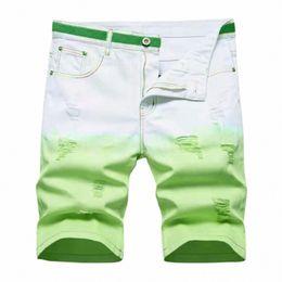 Kleurverloop Gat Denim Shorts Mannen Wijde Pijpen Losse Zak Butt Rits Jeans Shorts Fi Casual Streetwear Gescheurde Broek Y0ll #