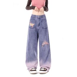 Jeans ricamati con lettera di colore sfumato Donna 2023 Pantaloni a gamba larga larghi a vita alta di nicchia autunnali a vita alta