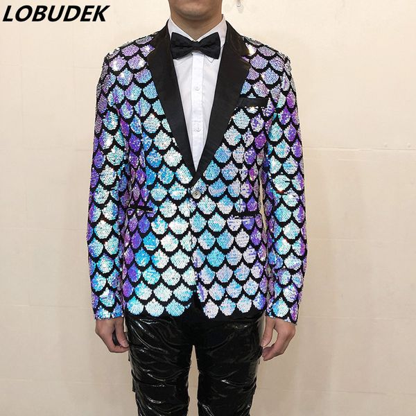Gradient Color Lentejuelas Blazers Shiny Men's Scale Plaid Suit Dress Host Singer Performance Glitter Formal Tuxedo Nightclub Stage Wedding Slim Coat 3 colores