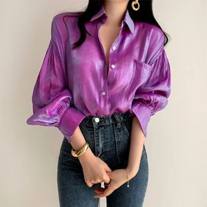 Dégradé couleur chemises femmes mode brillant Blouse femme élégant revers bouton Blusa décontracté manches bouffantes haut surdimensionné 240130
