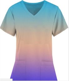 Gradient Color Women039s Scrubs infirmiers T-shirt Uniforms à manches courtes Tops Vneck Pocket Nurse Tshirts I Love Nursing Medical S1691645