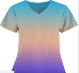 Gradient Color Women039s Scrubs infirmiers T-shirt Uniforms à manches courtes Tops Vneck Pocket Nurse Tshirts I Love Nursing Medical S1368290
