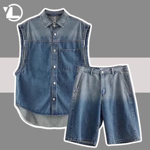 Ensembles en denim dégradé hommes femmes Hip Hop Streetwear gilet sans manches shorts décontractés 2 pièces ensemble unisexe rétro Y2k costumes longueur genou 240312